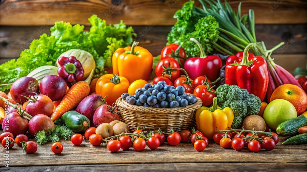 Bountiful Collection of Fresh Fruits and Vegetables Showcasing Vibrant Colors and Textures in High Depth of Field, Perfect for Promoting Healthy Eating and Nutrition Awareness Bountiful Collection of Fresh Fruits and Vegetables Showcasing Vibrant Colors and Textures in High Depth of Field, Perfect for Promoting Healthy Eating and Nutrition Awareness