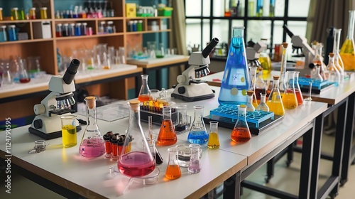 Wallpaper Mural A vibrant science lab with microscopes, beakers, and various experiments set up on the tables. Torontodigital.ca