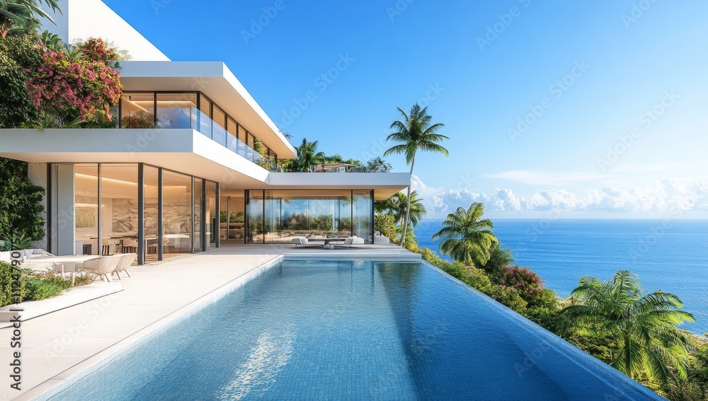 Fototapeta premium A large pool with a white roof and a view of the ocean
