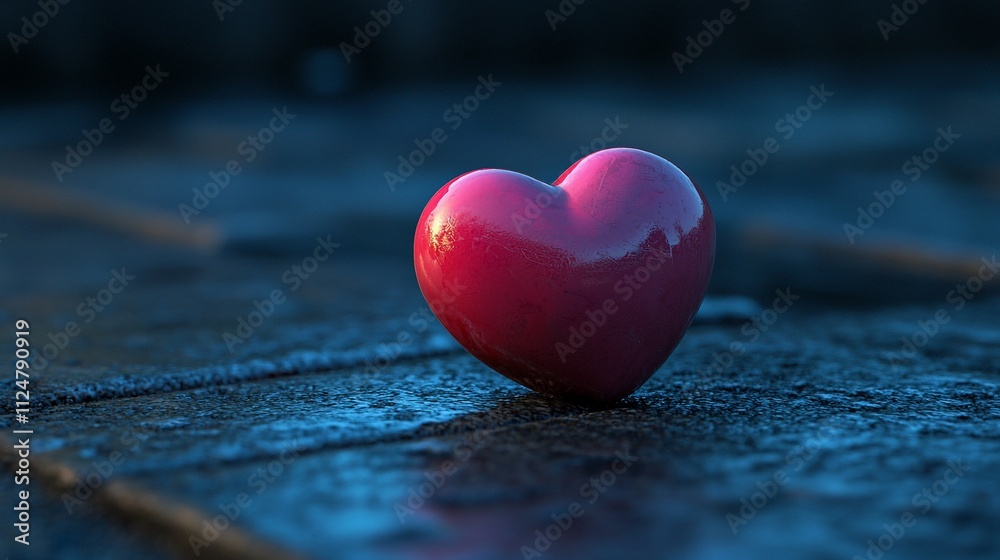 Fototapeta premium A single, shiny red heart rests on a dark, textured surface.