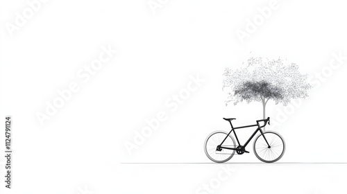 A simple line drawing of a bicycle parked under a tree in a park with soft, geometric shapes. Minimalist bicycle in park. photo