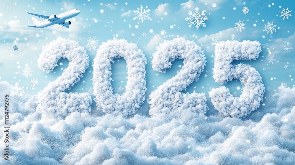 Festive Cloud Text 2025 with Santa Hats and Winter Sky Background Festive Cloud Text 2025 with Santa Hats and Winter Sky Background