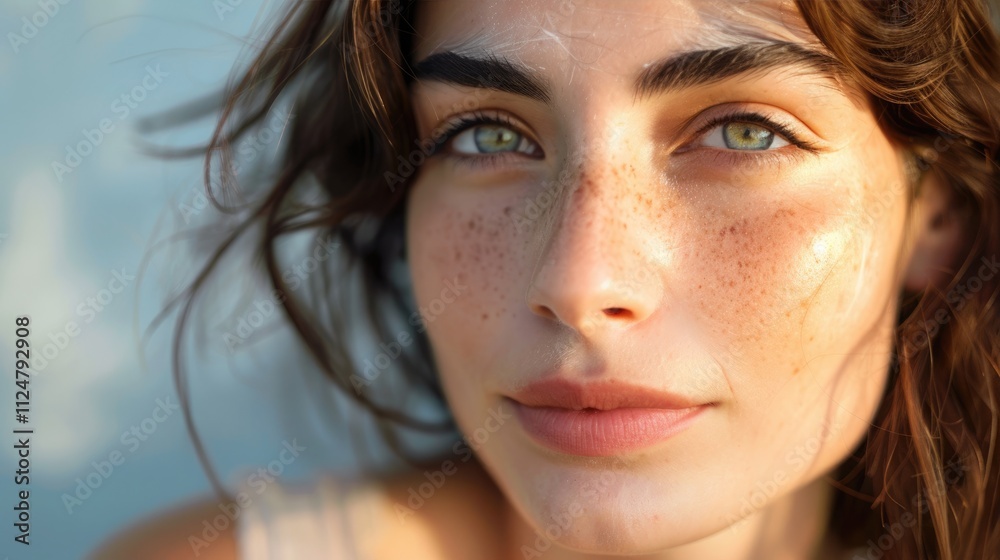 Close-up portrait of a woman with freckles and striking green eyes, set against a soft background. Close-up portrait of a woman with freckles and striking green eyes, set against a soft background.