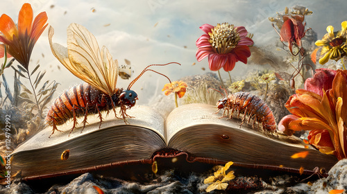 Surreal Artistic Representation of Booklice Crawling on an Old Manuscript Surrounded by Whimsical Flowers and Abstract Elements photo