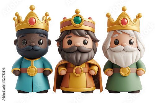 figuritas o muñecos  en 3d de 3 adorables Reyes Magos de dibujos animados con coronas doradas sobre fondo blanco. Concepto decoraciones navideñas religiosas