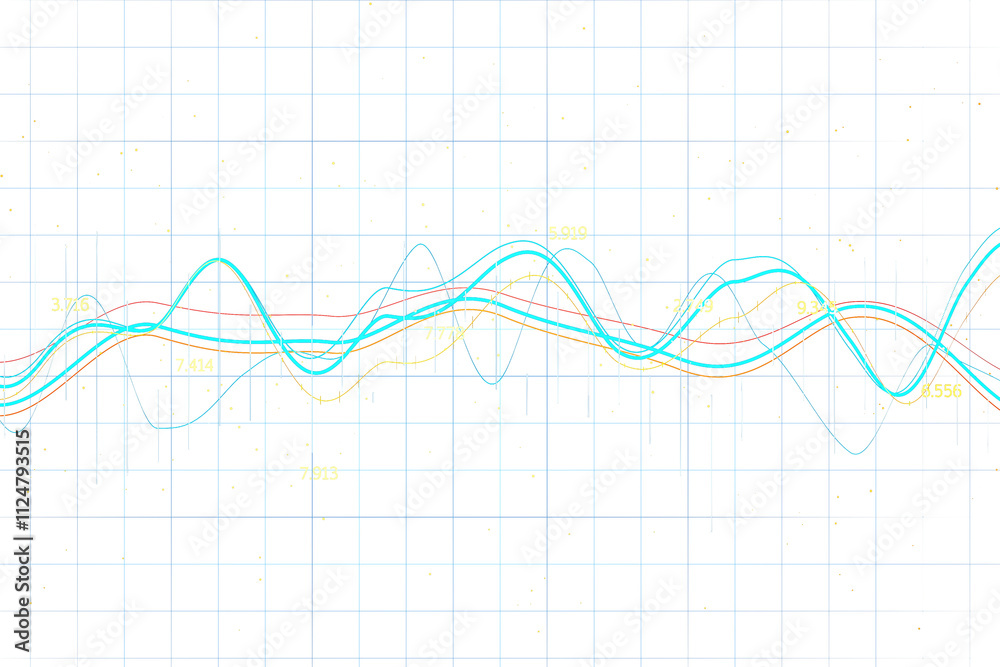 Glowing neon lines forming wavy patterns over a white grid layout, clean design, abstract tech concept, futuristic and virtual style. 3D Rendering. Glowing neon lines forming wavy patterns over a white grid layout, clean design, abstract tech concept, futuristic and virtual style. 3D Rendering.