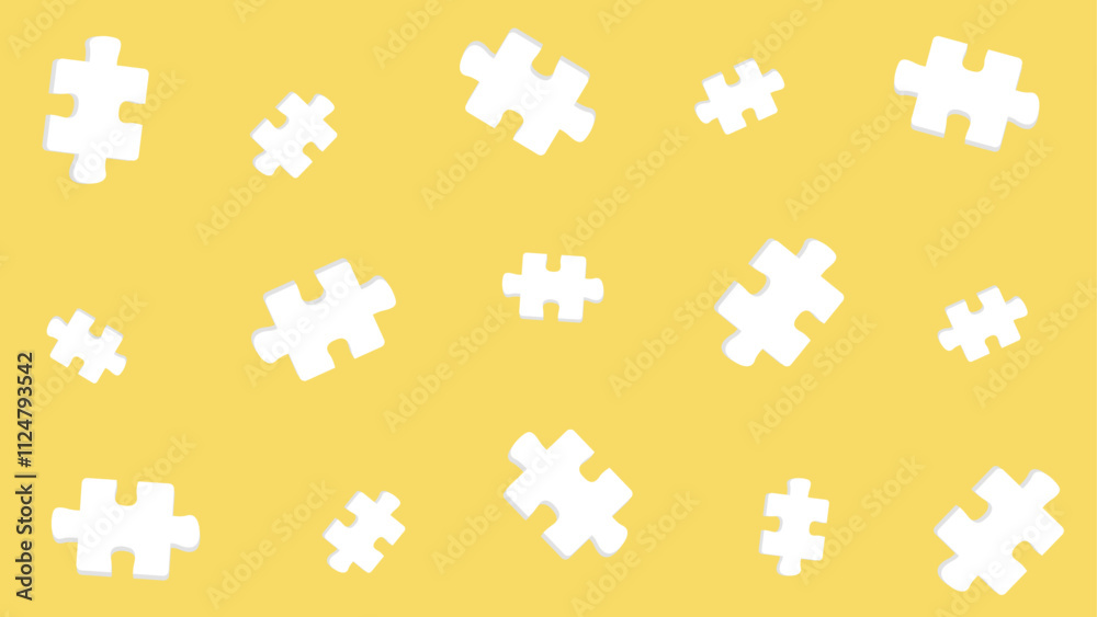 Multiple white puzzle pieces scattered across a solid yellow background