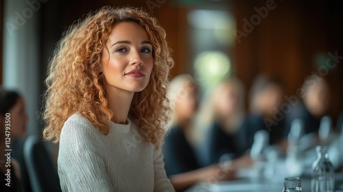 Wallpaper Mural Confident woman with curly hair in a meeting setting, engaged and focused on the discussion. Torontodigital.ca