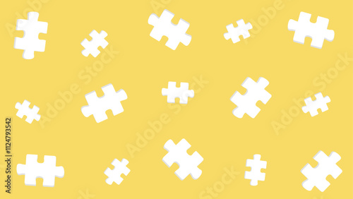 Multiple white puzzle pieces scattered across a solid yellow background