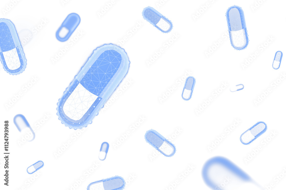 Blue and white capsule pills with digital holographic patterns, clean white background, representing virtual medical and tech concepts. 3D Rendering. Blue and white capsule pills with digital holographic patterns, clean white background, representing virtual medical and tech concepts. 3D Rendering.