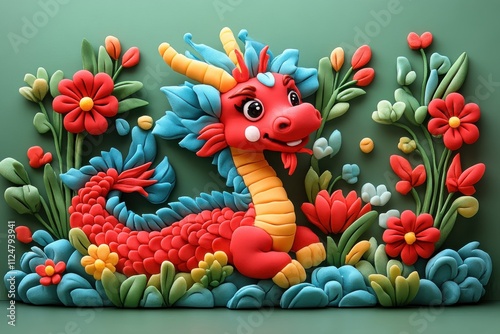 A colorful, playful dragon surrounded by vibrant flowers in a whimsical design. photo