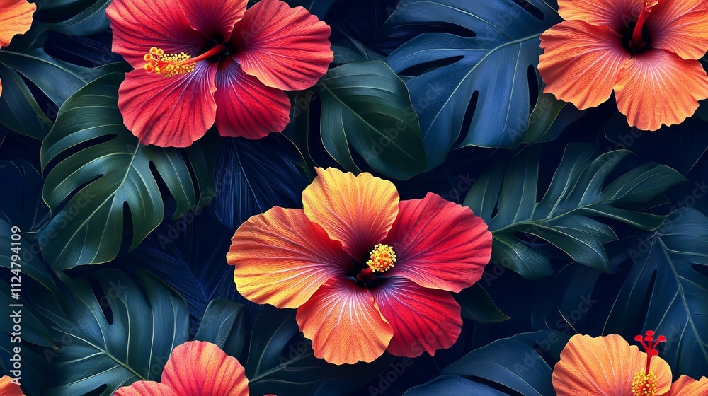 Stunning Tropical Hibiscus Floral Pattern with Lush Dark Green Leaves - A Vibrant Tropical Paradise Stunning Tropical Hibiscus Floral Pattern with Lush Dark Green Leaves - A Vibrant Tropical Paradise