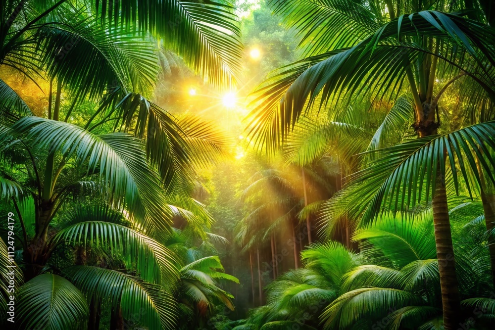 Fototapeta premium Breathtaking Bokeh Effect in Lush Palm Forests Capturing the Essence of Tropical Paradise with Soft Glows and Dreamy Atmosphere for Nature Lovers and Photographers