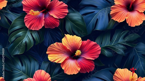 Stunning Tropical Hibiscus Floral Pattern with Lush Dark Green Leaves - A Vibrant Tropical Paradise