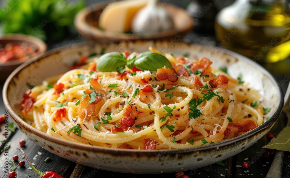 Spaghetti carbonara on a fork, against an Italian food background Spaghetti carbonara on a fork, against an Italian food background