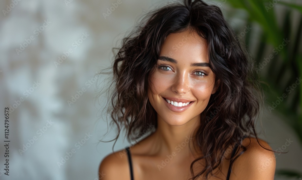 beautiful smiling woman with long curly hair on a gray background beautiful smiling woman with long curly hair on a gray background