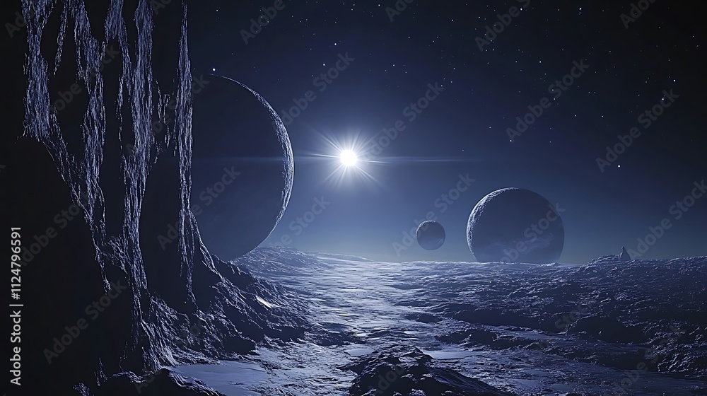 Fototapeta premium A planet in space with three moons planet is seen space galaxy
