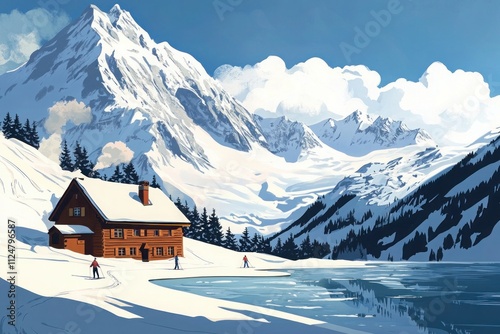 Skiers glide across snow near a warm cabin by a frozen lake