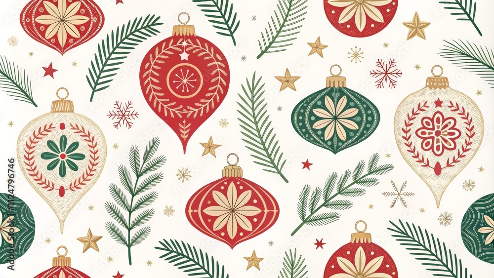 Seamless Festive Ornament Pattern Red, Green and Gold Christmas Baubles, Winter Branches, Stars, Snowflakes, Illustration, Holiday Design Christmas Seamless Festive Ornament Pattern Red, Green and Gold Christmas Baubles, Winter Branches, Stars, Snowflakes, Illustration, Holiday Design Christmas