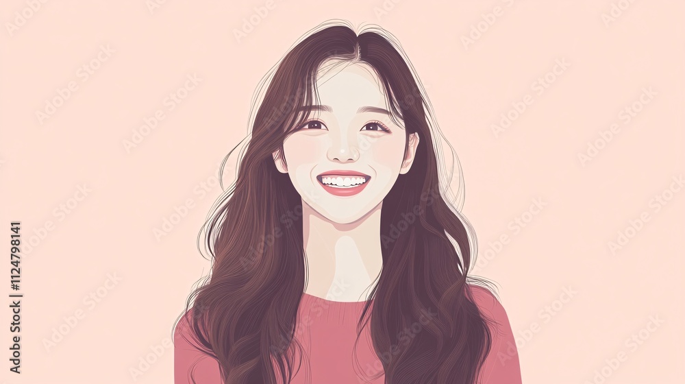 This is an illustration of a Asian woman smiling and having fun. The style should be cute and attractive, suitable for YouTube thumbnails. The woman is placed on the right edge of the image This is an illustration of a Asian woman smiling and having fun. The style should be cute and attractive, suitable for YouTube thumbnails. The woman is placed on the right edge of the image