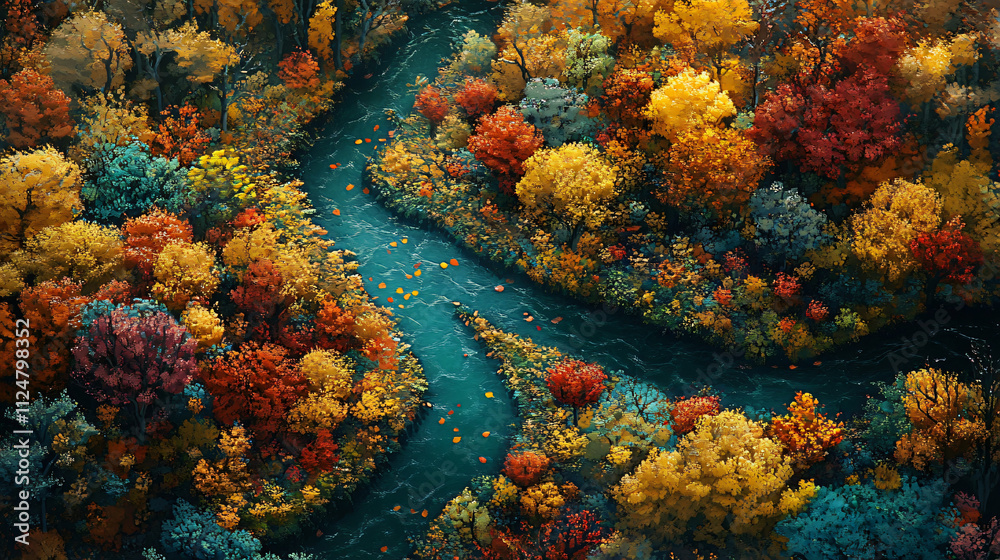 An aerial view of a forest during autumn, showing a blanket of colorful leaves with a winding river cutting through the vibrant foliage. An aerial view of a forest during autumn, showing a blanket of colorful leaves with a winding river cutting through the vibrant foliage.