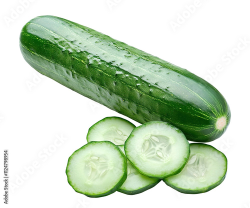 Fresh cucumber with sliced pieces, isolated on transparent cutout background
