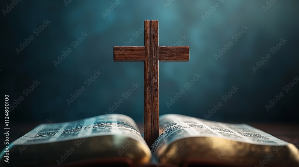 Christian Wooden Crucifix on an Open Bible with Point Focus Christian Wooden Crucifix on an Open Bible with Point Focus