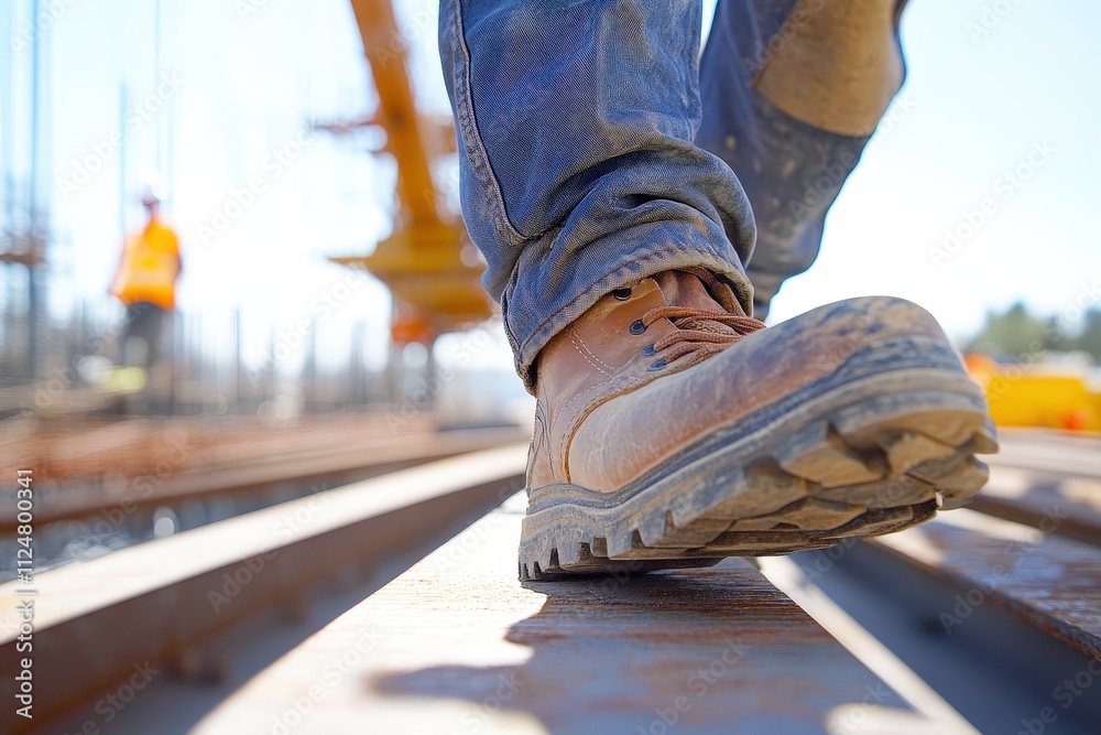 A Close-Up View of a Construction Worker Walking on Steel Beams at a Building Site, Highlighting Work Boots and Safety in Construction Environment A Close-Up View of a Construction Worker Walking on Steel Beams at a Building Site, Highlighting Work Boots and Safety in Construction Environment