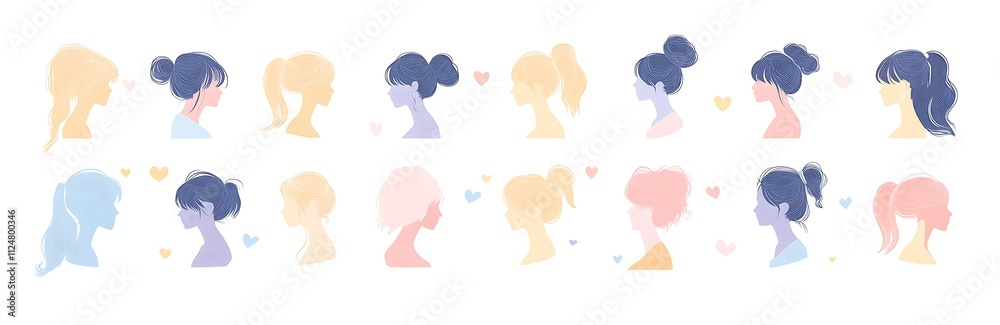 Minimalist vector art of the silhouette of many women's faces in soft pastel colors, womens day concept Minimalist vector art of the silhouette of many women's faces in soft pastel colors, womens day concept