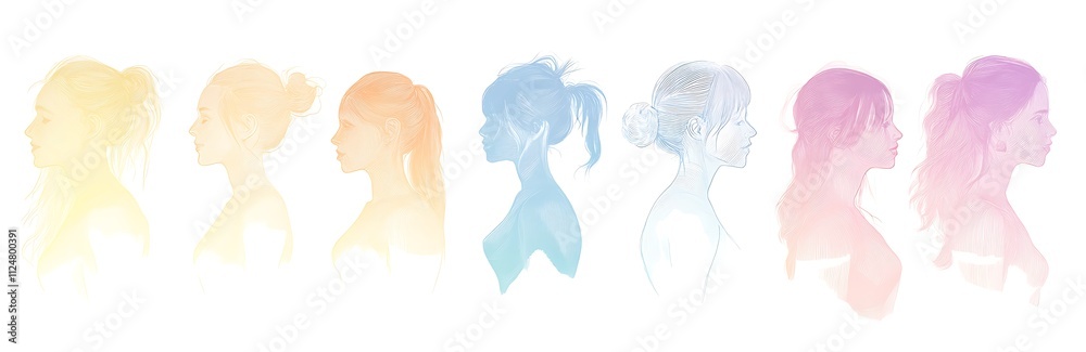 Minimalist vector art of the silhouette of many women's faces in soft pastel colors, womens day concept