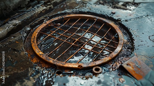 A sewer manhole with water droplets
