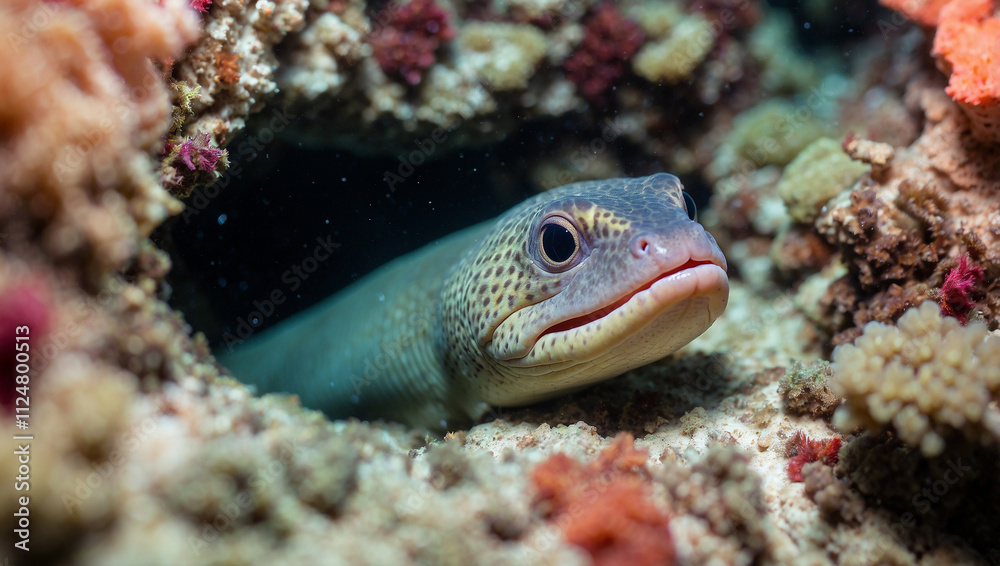 Moray Eel Emerging from Coral Crevice Moray Eel Emerging from Coral Crevice