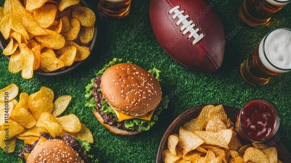 Fototapeta premium Game day snacks setup. Vertical flat lay of burgers, chips, beers, and a football on a grass background, ready for a football game day