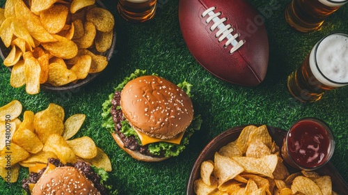 Game day snacks setup. Vertical flat lay of burgers, chips, beers, and a football on a grass background, ready for a football game day
