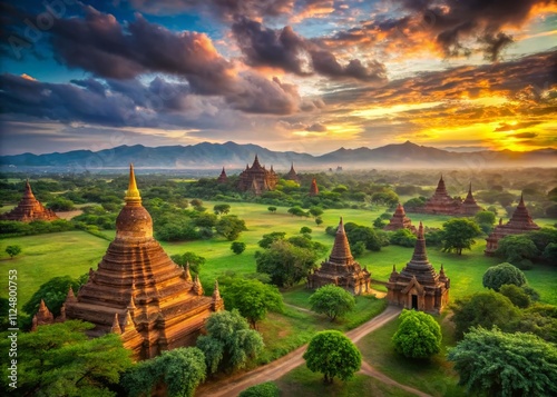 Breathtaking Panoramic View of a Serene Landscape Featuring a Majestic Pagoda Amidst the Stunning Temples of Bagan at Sunset with Vibrant Skies and Rolling Green Fields