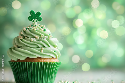 St. Patrick's day themed cupcake with green frosting and a shamrock on top, set against a sparkling bokeh background photo