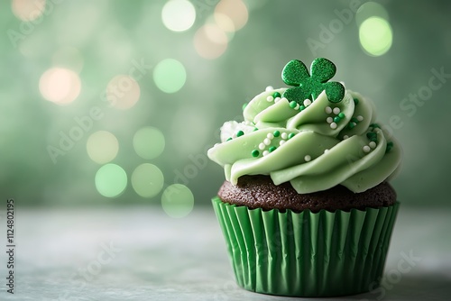 Wallpaper Mural St. Patrick's day chocolate cupcake with green frosting, sprinkles, and a shamrock decoration, displayed on a table with a bokeh background Torontodigital.ca