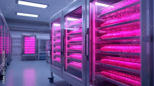 Wallpaper Mural A high-tech room with glowing pink lighting and shelves filled with equipment, likely for scientific or agricultural purposes. Torontodigital.ca