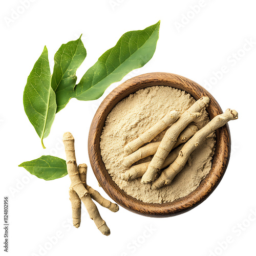 Ashwagandha root powder with dried roots isolated on transparent background