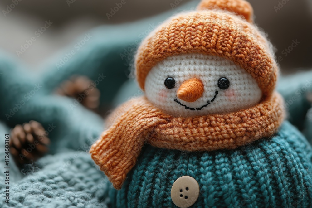 A cute crocheted snowman wearing an orange hat and scarf, set against a cozy backdrop. A cute crocheted snowman wearing an orange hat and scarf, set against a cozy backdrop.