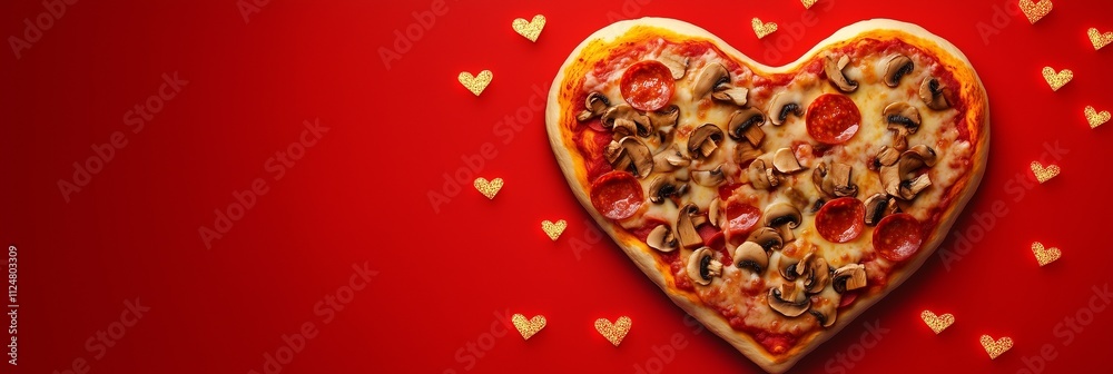 A heart shaped pizza with pepperoni, mushrooms, and mozzarella on a vibrant red background A heart shaped pizza with pepperoni, mushrooms, and mozzarella on a vibrant red background