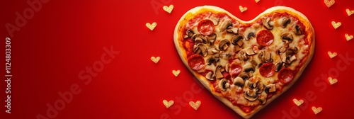 A heart shaped pizza with pepperoni, mushrooms, and mozzarella on a vibrant red background photo