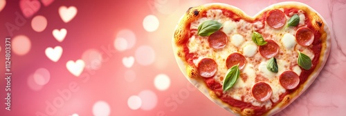 A heart shaped pizza with pepperoni, mozzarella, and fresh basil on a soft pink background with glowing heart bokeh photo