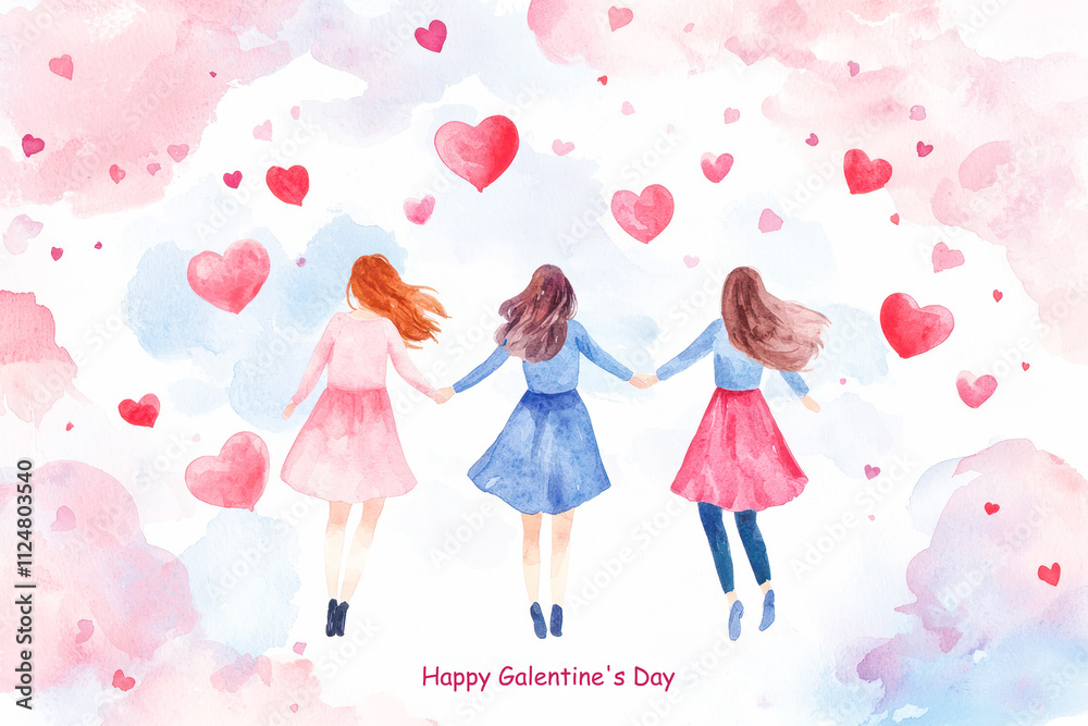 Watercolor illustration of three women holding hands, surrounded by pink and blue clouds and heart shapes, celebrating Galentine's Day with joy and friendship. Watercolor illustration of three women holding hands, surrounded by pink and blue clouds and heart shapes, celebrating Galentine's Day with joy and friendship.