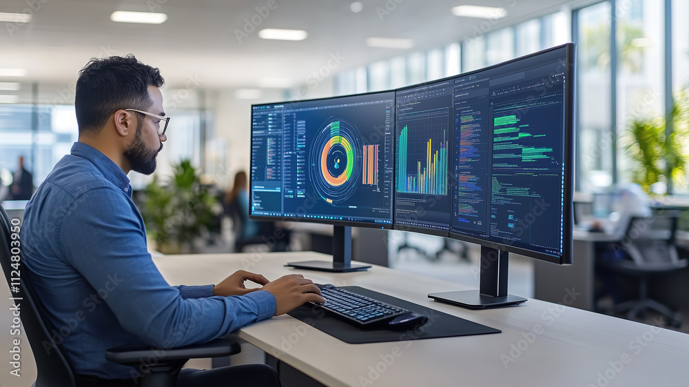 Male data analyst working on a computer with dual monitors displaying charts, graphs, and code in a modern office environment, focused on data analysis and software development. Male data analyst working on a computer with dual monitors displaying charts, graphs, and code in a modern office environment, focused on data analysis and software development.