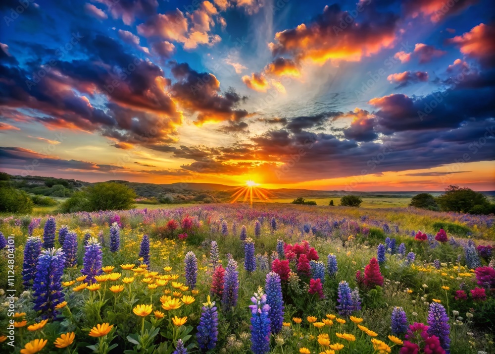 Obraz premium Breathtaking Texas Wildflowers in Full Bloom Against a Stunning Sunset Sky Capturing the Essence of Nature’s Beauty in the Lone Star State’s Vibrant Landscape