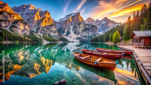 Breathtaking Tilt-Shift Sunrise at Lago di Braies with Wooden Boats in Dolomites, South Tirol, Italy - A Serene Tourist Destination Surrounded by Majestic Mountains