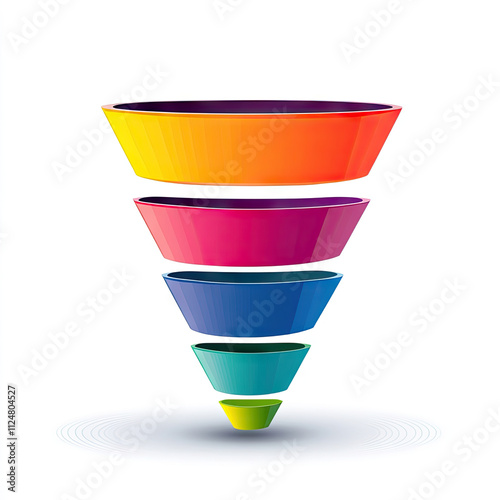 A colorful funnel icon with each layer representing different stages of the sales process