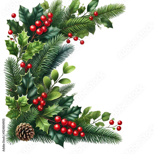 Elegant Christmas Border with Green Fir Branches, Holly, and Red Berries – PNG Transparent Background for Festive Designs