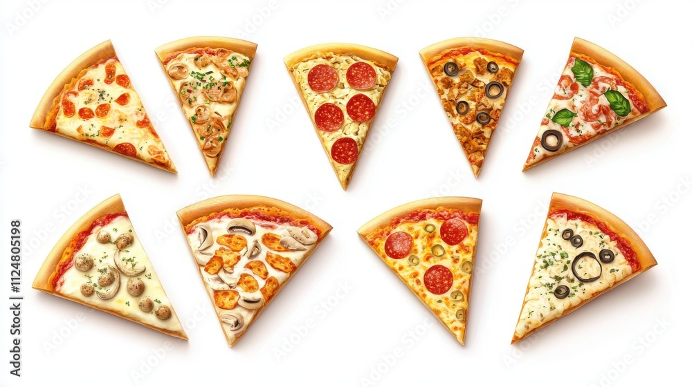 Slices of Pizza with Various Toppings on White Background